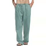 Linen Pants Straight Leg Pants Drawstring Lightweight Elastic Beach Pants Men's Casual Trousers with Pockets Men's Linen Large Size Pocket Trousers