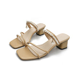 Nude Block Heel Sandals Summer Pearl Sandals