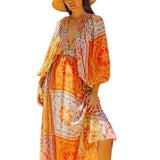 Beth Dutton Bohemian Dress Winter Autumn Midi Dresses V-neck Printed Casual Dress