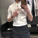 Men Shirts Slim-Fit Half-Sleeve Striped Stand-up Collar Shirt