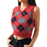 Preppy Aesthetic Outfits Women's Diamond Plaid Sleeveless Sweater Preppy Style Woolen Vest for Women