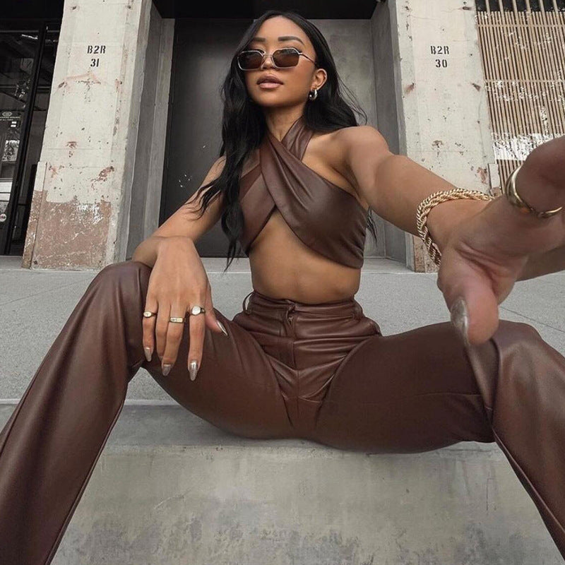 Women Top & Pant 2 Piece Set Autumn Sexy Backless Underwaist Slim-Fit Straight Trousers Suit