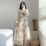 Fairy Dress French Retro Fairy Long Sleeve Mesh Embroidered Dress