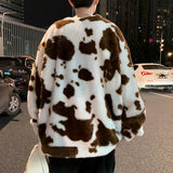 Men Dalmatian Coat Cows Pattern Sweatshirt Winter Loose Hip Hop Polar Fleece