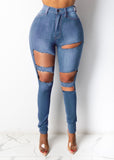 Women Plus Size Jean Slim Fit Fashion Ripped Denim Pencil Trousers