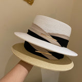 Straw Hat Dual-Color Patchwork Decorative Flat Top Hat