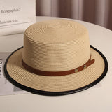 Straw Hat Vintage Belt Buckle Flat Top Hat Sun Protection Beach Sun Hat