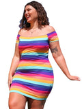 Women Plus Size Mini Dresses Casual Sports Short Sleeve Striped Off-Shoulder Dress