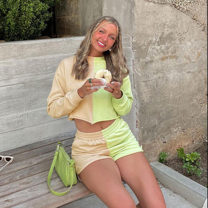Women Top & Pant 2 Piece Set Autumn and Winter New Color Contrast Patchwork Long-Sleeved Sweater High Waist Hip Shorts Casual Suit