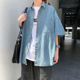 Denim Shirts Loose Cargo Short Sleeve Shirt Casual Overshirt