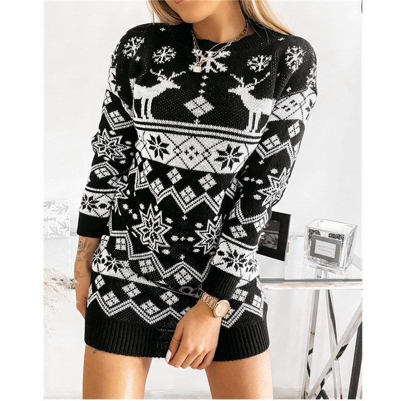 Sweater Dress Outfit With Tights 2 Pieces Set Women Sweater Snowflake Christmas Jacquard Knitted Dress