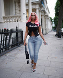 Women Plus Size Jeans Pink Floral Slim-Fitting Skinny Pants