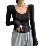 Beth Dutton Outfits Pure Desire Style T-shirt Female Short V-neck Skinny Slimming Solid Color Long Sleeve Bottoming Shirt