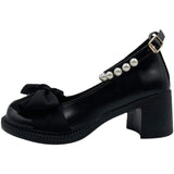 Nude Pumps Block Heel Bowknot Chunky Heel Pearl Mary Jane Leather Shoes