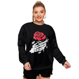 Black Rose Hoodie Skull Hand Rose Pattern Printed Long Sleeve Round Neck Pullover Sweater