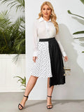 Women Plus Size Midi Dresses Summer Pleated Polka Dot Stitching Chiffon Large Swing Dress