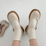 Nude Block Heel Sandals Mary Jane Leather Shoes