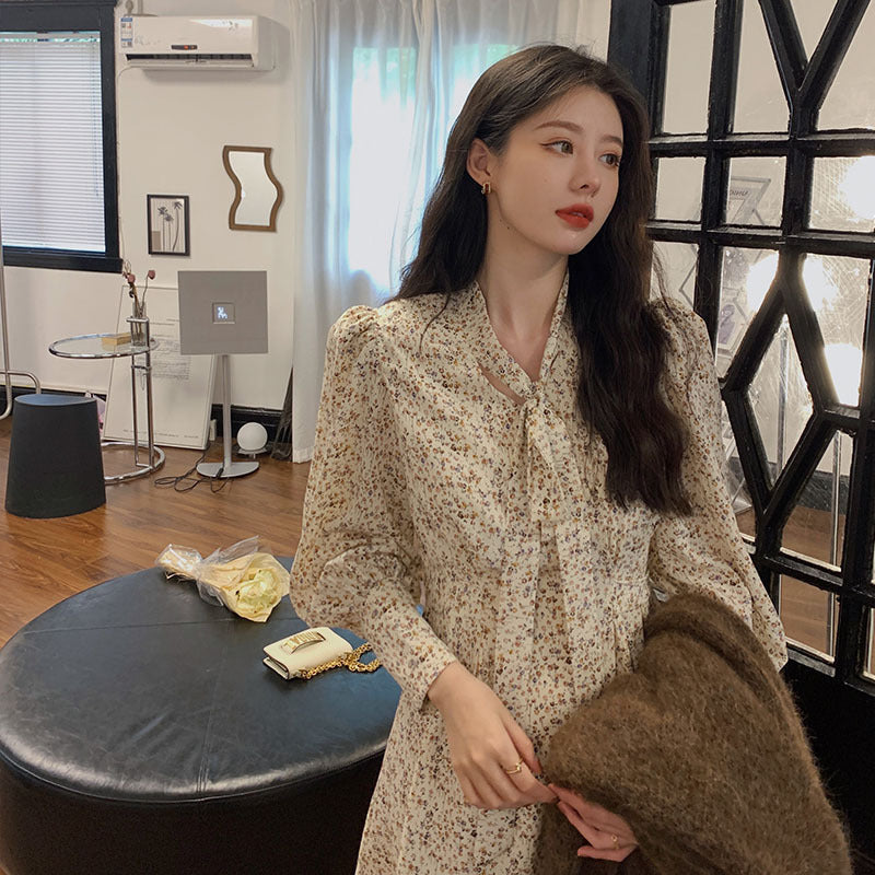 Work Dresses for Teachers Temperament V-neck Long Sleeve Floral Dress Women's Autumn and Winter Puff Sleeve