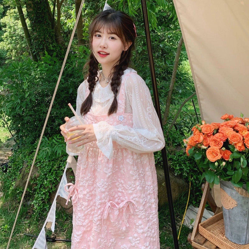 Gothic Lolita Harajuku Style Clothing Mori Women's Gentle Lace Shirt Bow Vest Dress