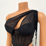 Kesha Black Dress Beauty Clothing Fashion Sexy Mesh See-through Irregular Top Two-Piece Set