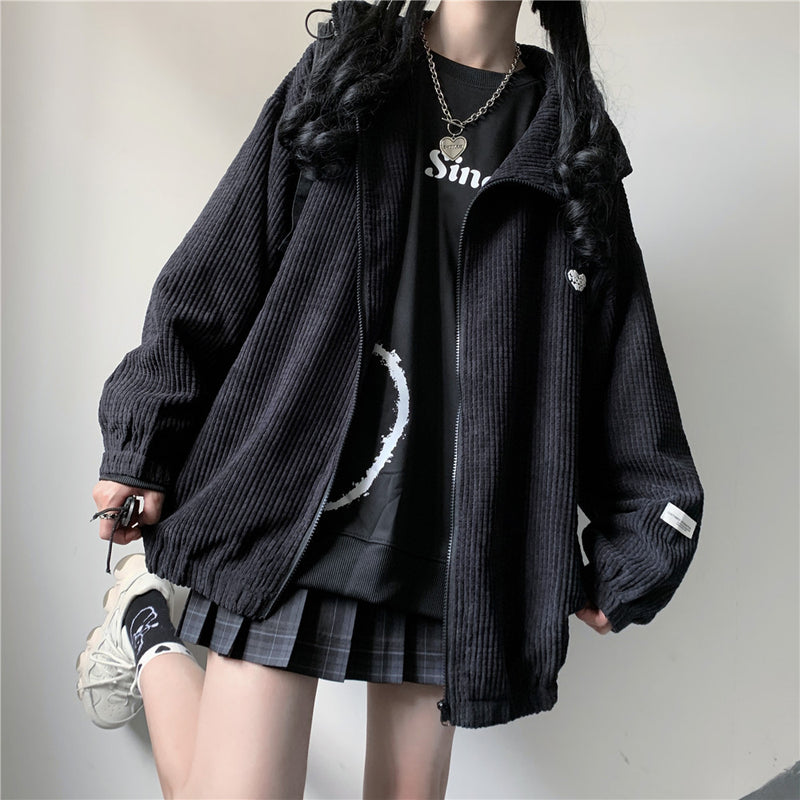 Gothic Lolita Harajuku Style Clothing Hooded All-Matching Corduroy Coat Female Loose-Fitting Jacket Top