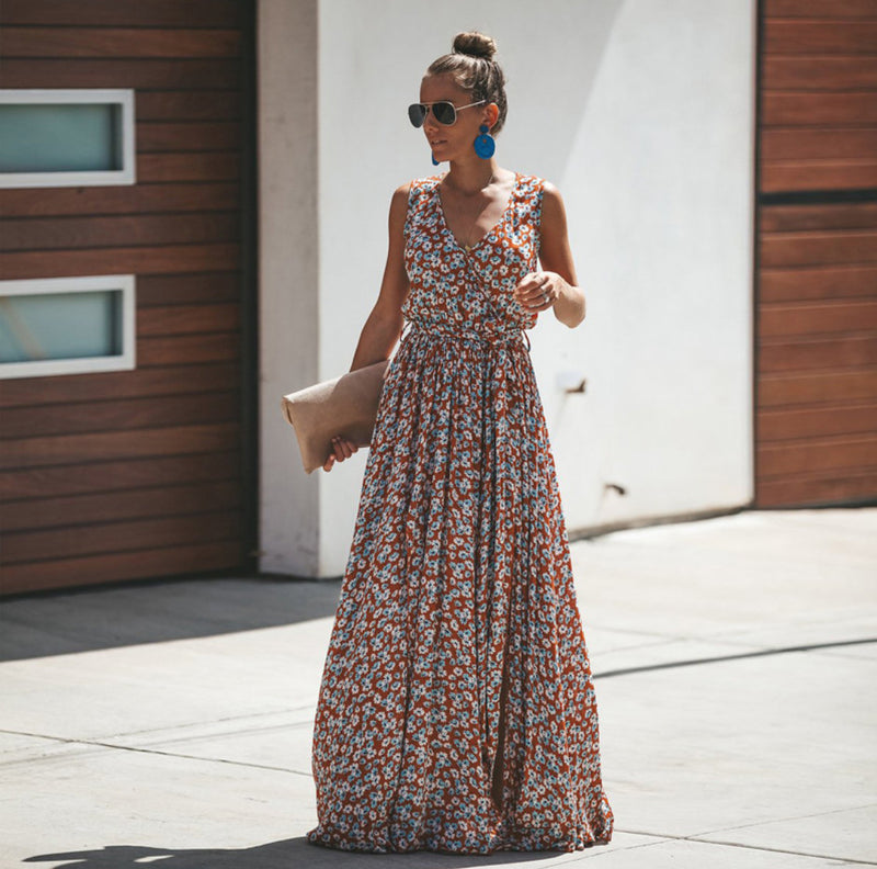 Beth Dutton Bohemian Dress Summer Spring Midi Dresses Summer Rayon Dress V-neck Printed Lace-up Beach Maxi Dress