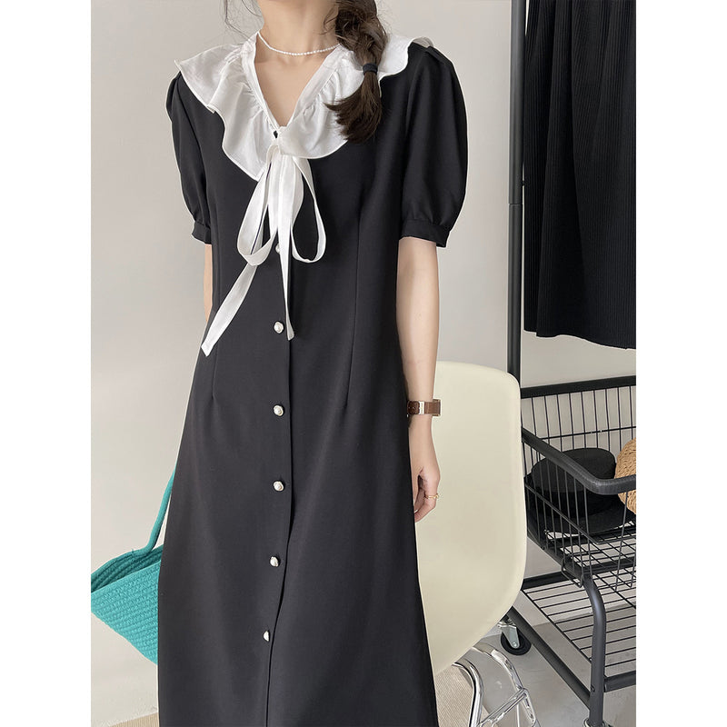 Kim Kardashian Marilyn Monroe Dress Summer Solid Color Dress Women's French Retro Mid-Length Lapel A- line Dress