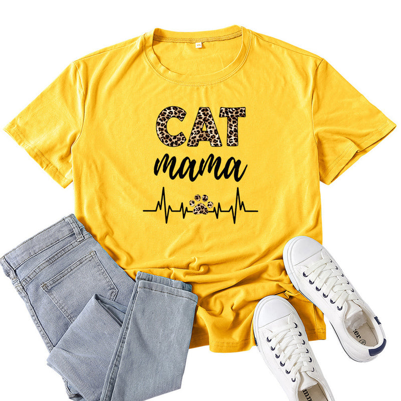 Boy Mama T Shirts Leopard Print Cat Mama Letter Print T-shirt