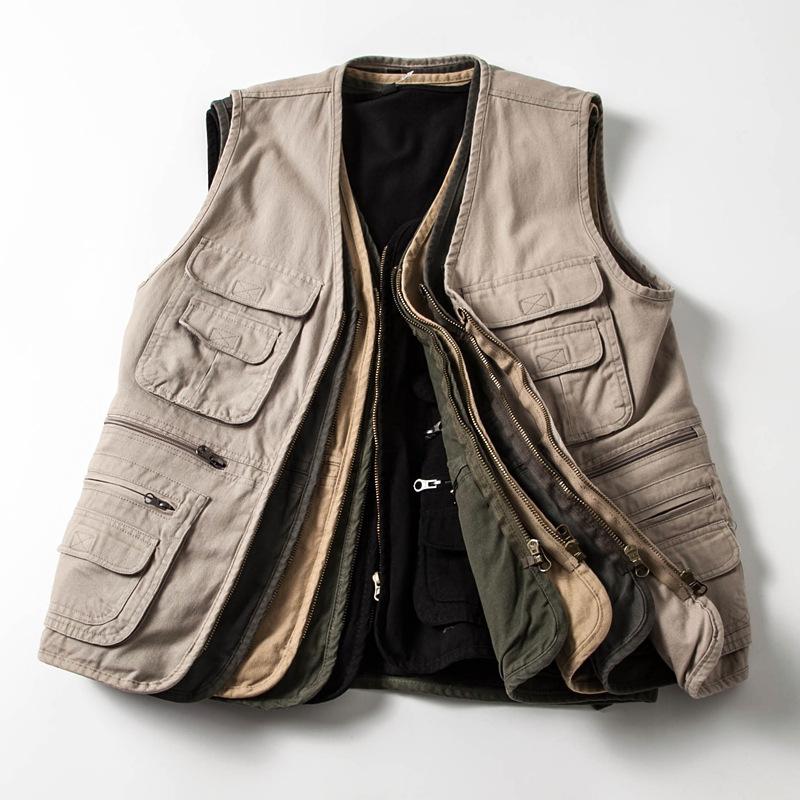 Men Utility Vest Work Zipper Tactical Work Vest Slim Pocket Jacket Multi-Pocket Retro Workwear Vest