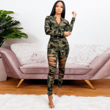 Women Plus Size Jumpsuits Camouflage Printed Ripped Sexy Fashion Jumpsuit