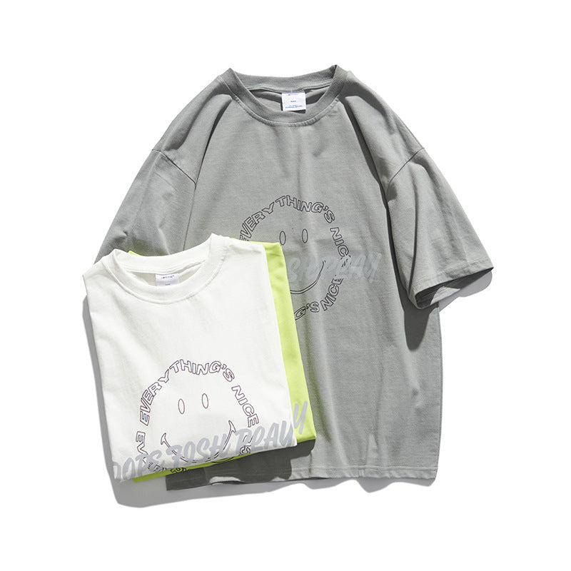 Cartoon Smiley Face Short-Sleeved T-shirt Men's Summer round Neck Half-Sleeve Pure Cotton Top Casual T-shirt Trendy T