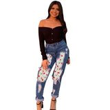 Women Plus Size Jeans Cute Floral Stitching Denim Skinny Pants