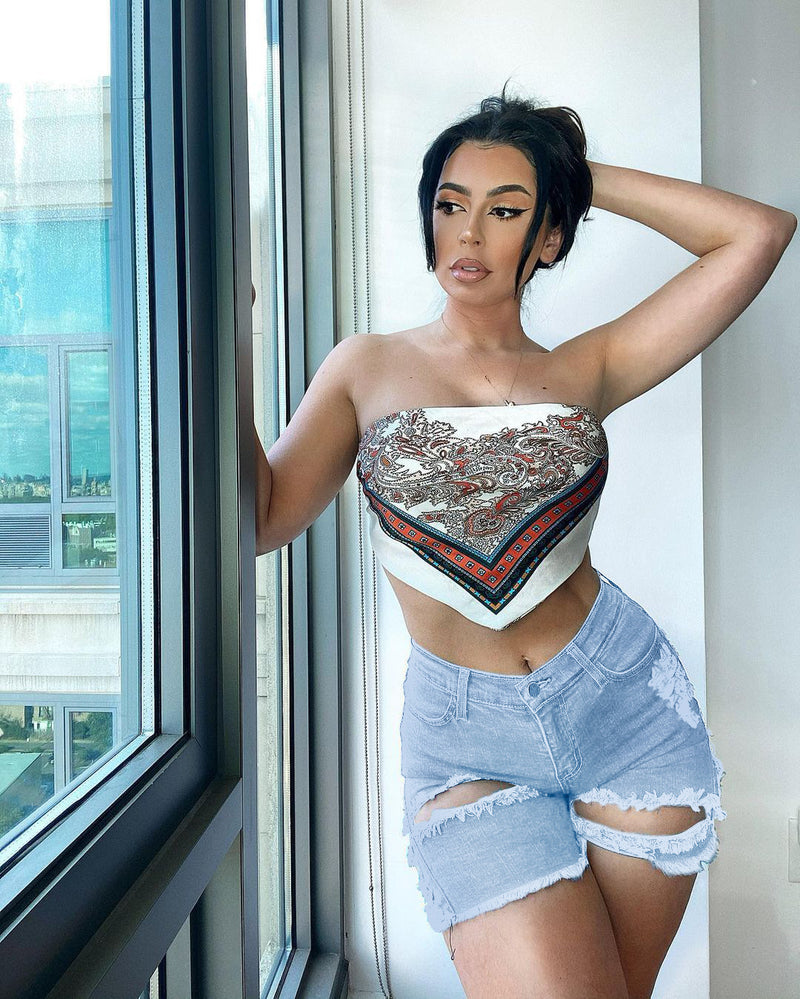 Women Plus Size Denim Shorts1 High Waist Ripped Hollow-out Denim Shorts