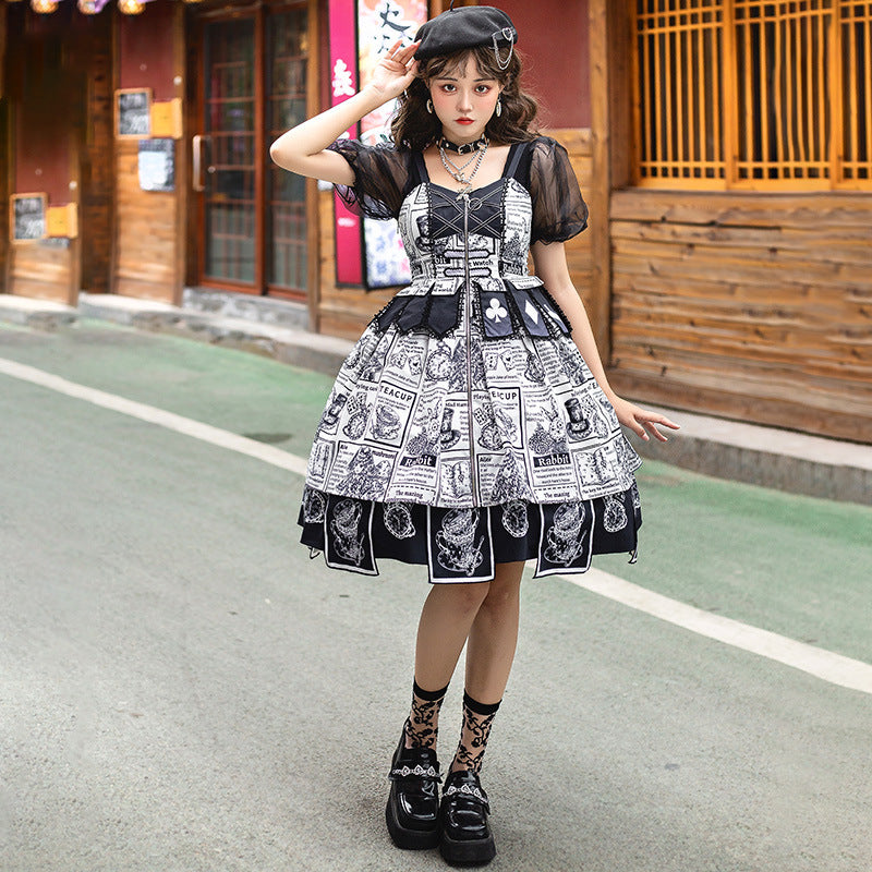 Gothic Lolita Harajuku Style Clothing Lolita Dress Black and White Alice JSK Black and White Color Matching Irregular Dress Female