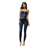 Autumn Sexy Suspenders Color Contrast Patchwork High Waist Tight Casual Sports Jumpsuit