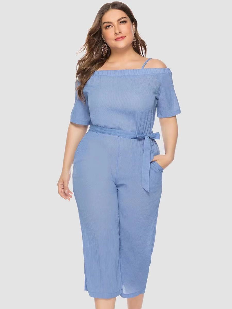 Women Plus Size Pants Summer Off-Shoulder Lace-up Jumpsuit