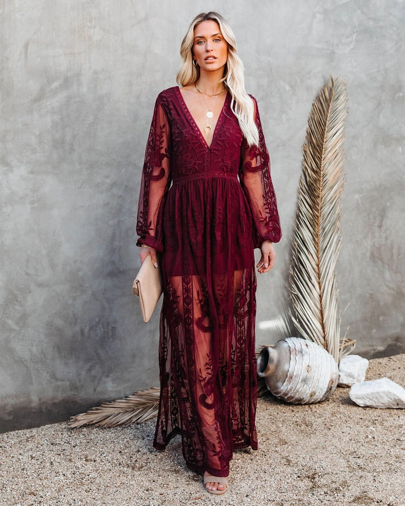 Semi Formal Dresses for Wedding Women's Lace Long Sleeve V-neck Solid Color Summer Dress
