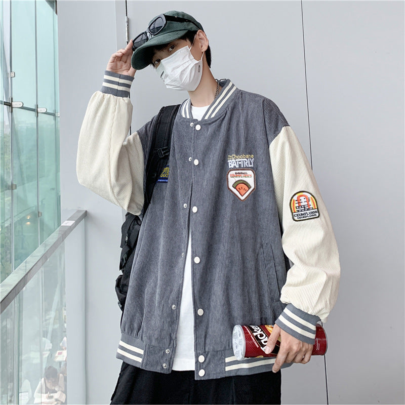 Corduroy Patch Jacket Baseball Uniform Men's Corduroy Jacket Casual Top