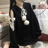 Gothic Lolita Harajuku Style Clothing Fall Pompons off-the-Shoulder Bow Hooded Sweater