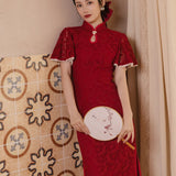 Women cottagecore Dress Bride Summer Red Marriage Engagement Female Lace