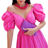 Women Bohemian Dress Women's Summer Fashion Short Sleeve V-neck Solid Color