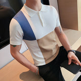 Men Short Sleeve T-Shirt Color Block Knitted Polo Shirt