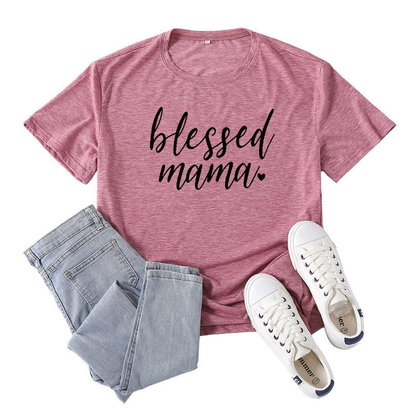Boy Mama T Shirts Blessed Mama Letter Print Short-Sleeve T-shirt