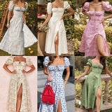 Women Exotic Dresses Summer French Style Dress Floral Slim-Fitting Split Long Dress