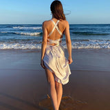 Women Summer Dresses Midi Dress  Spring Sexy Satin V-neck Backless Dress