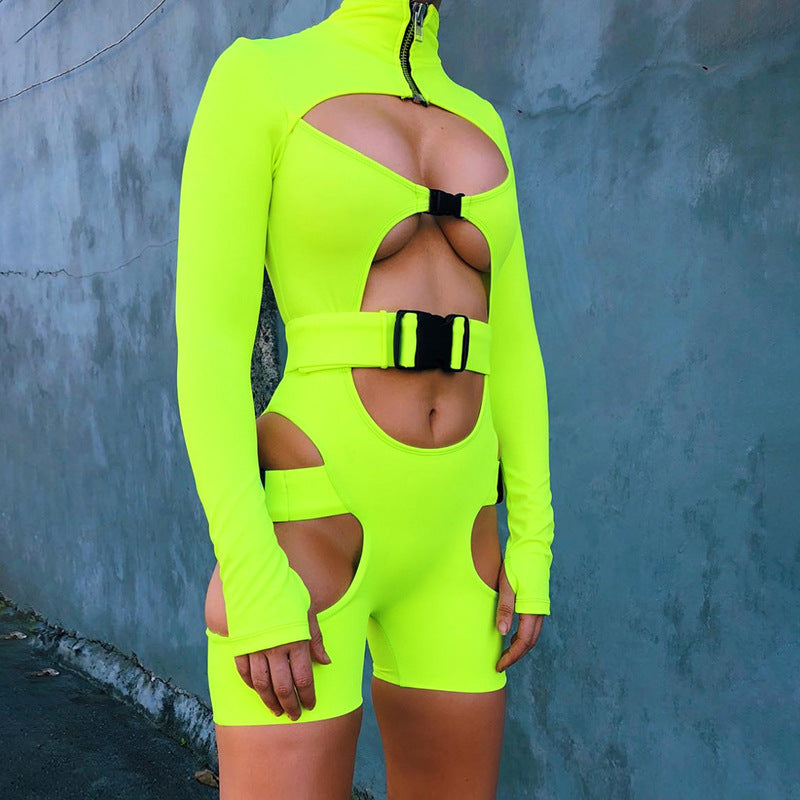 Fall Women's Clothing Sexy Cutout Sheath Tight Fluorescent Color Long Sleeve Sports One-Piece Shorts
