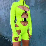 Fall Women's Clothing Sexy Cutout Sheath Tight Fluorescent Color Long Sleeve Sports One-Piece Shorts
