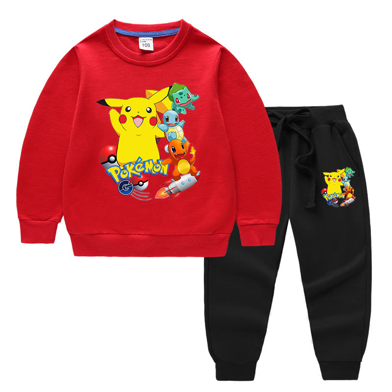 Children Pokemon Pikachu Hoodie & Pant Set Two-Piece Solid Color Baby Cotton Sweater Set