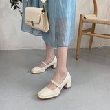 Nude Pumps Block Heel Mary Jane Leather Shoes