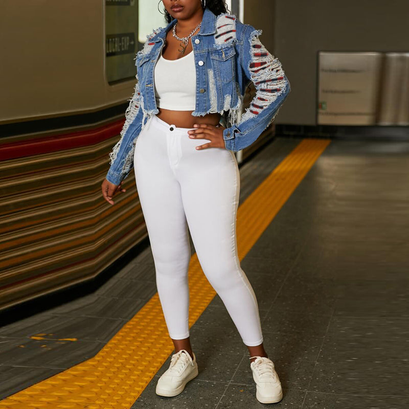 Women Plus Size Denim Coats Plaid Stitching Short Coat for Women